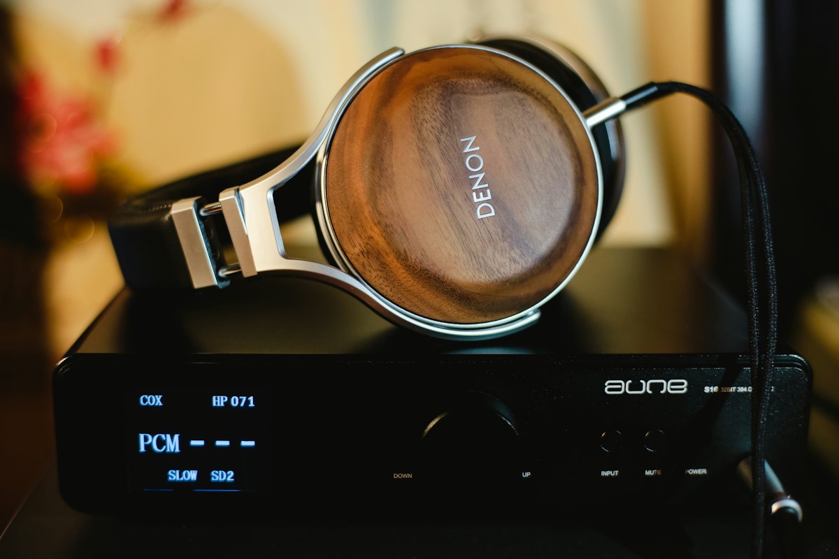 Denon headphones on an amplifier