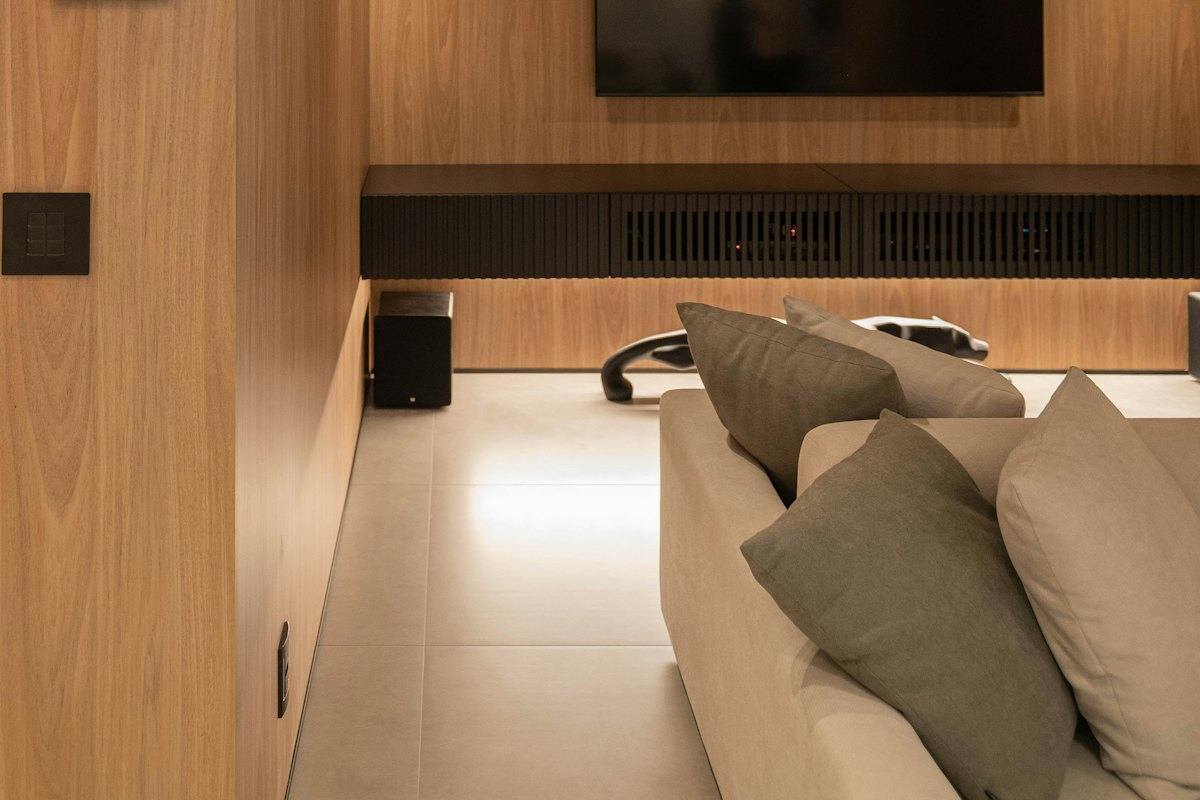Media room with wood paneling