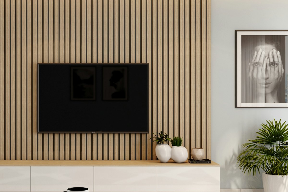TV mounted on a slat wall