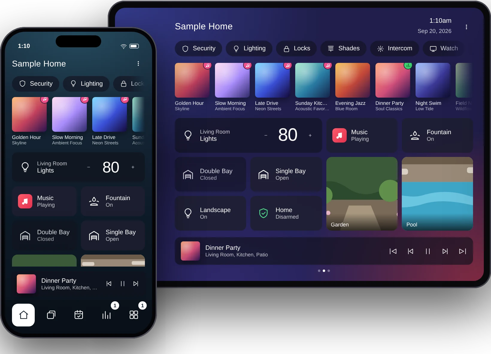 The new Control4 app on a tablet and phone: home dashboard and routines